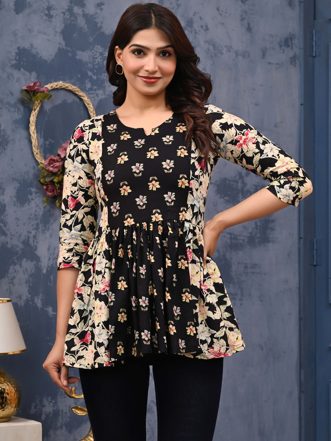 LABEL ADRIJA Floral Print Cotton Peplum Top