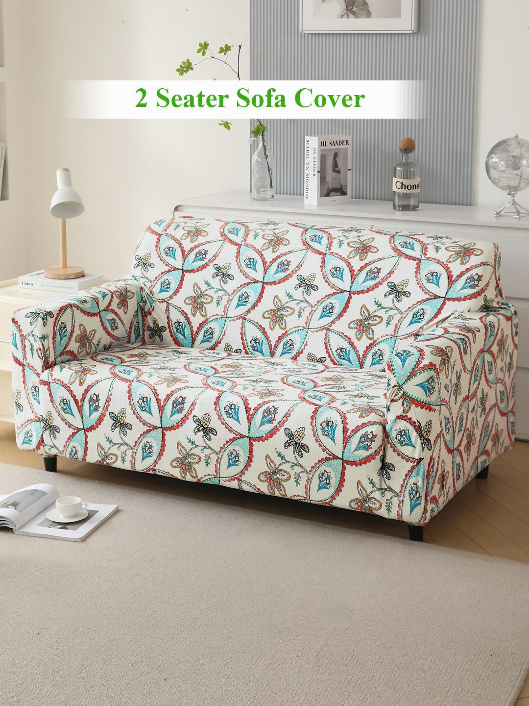 HOKIPO Persian Garden Beige & Blue Printed Velvet 2 Seater Sofa Cover With Arms