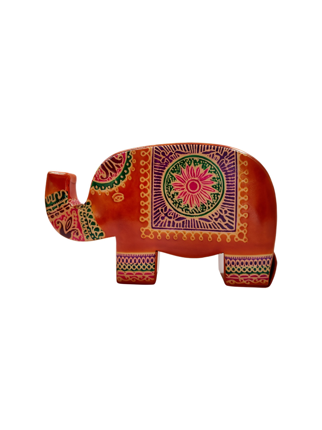MAATIR DESIGNS Orange-Colored & Green Printed Leather Elephant Coin Box
