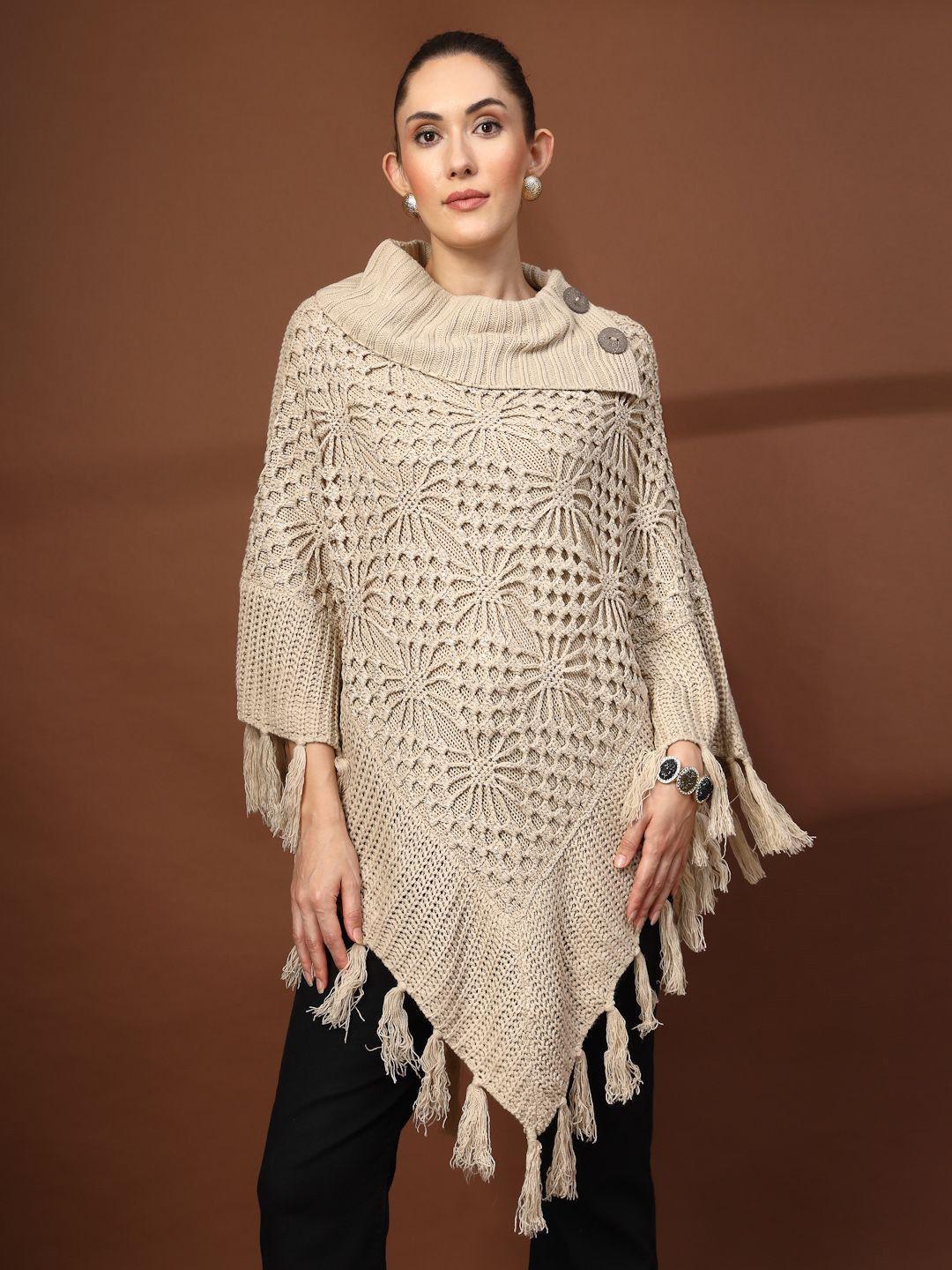 Mafadeny Crochet Cowl Neck Button Detail Poncho with Fringe