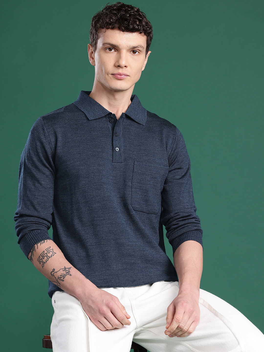 Cayman Men Polo Collar Woollen T-shirt