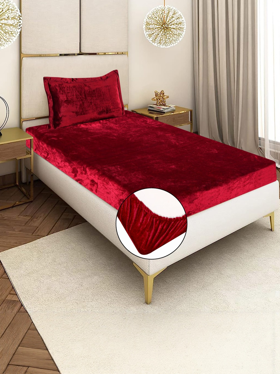 REALDREAM Red 300 TC Velvet Fitted Single Bedsheet with 1 Pillow Covers