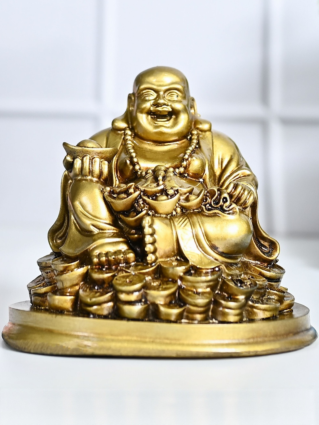 HINDCRAFT Gold-Toned Laughing Buddha Statue Showpiece