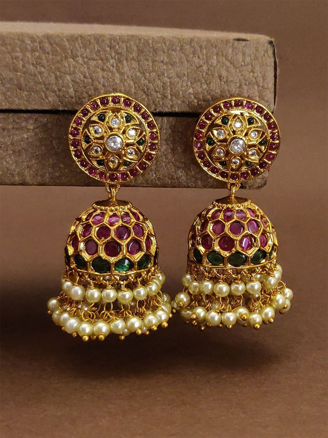 ABDESIGNS Gold-Plated Royal Kempstone Dome Shaped Jhumkas Earrings
