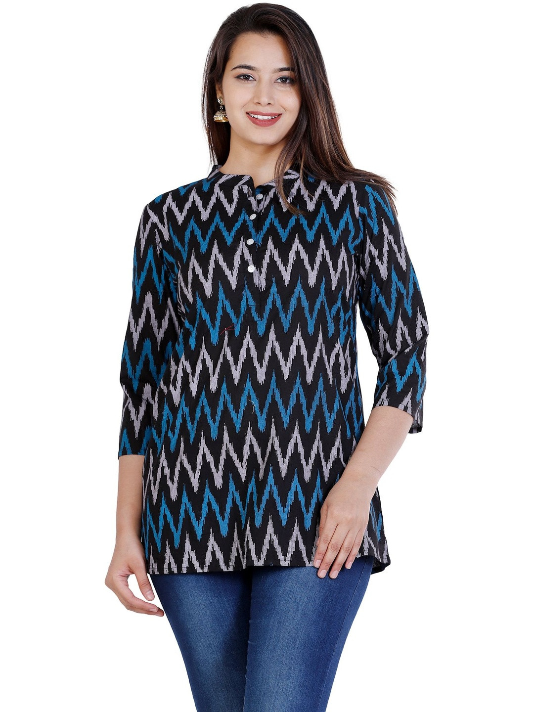 CORSICA Women Chevron Print Mandarin Collar Cotton Top