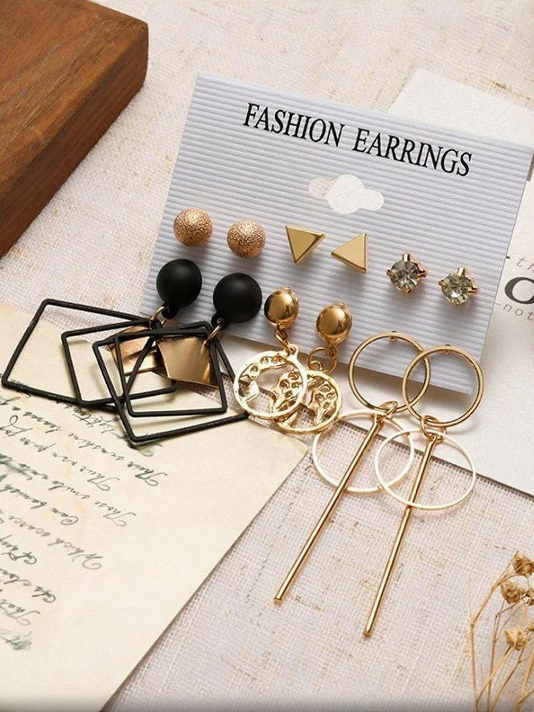 TheVineGirl Pair of 6 Gold Plated Stone Stud And Earth Geometric Drop Earrings