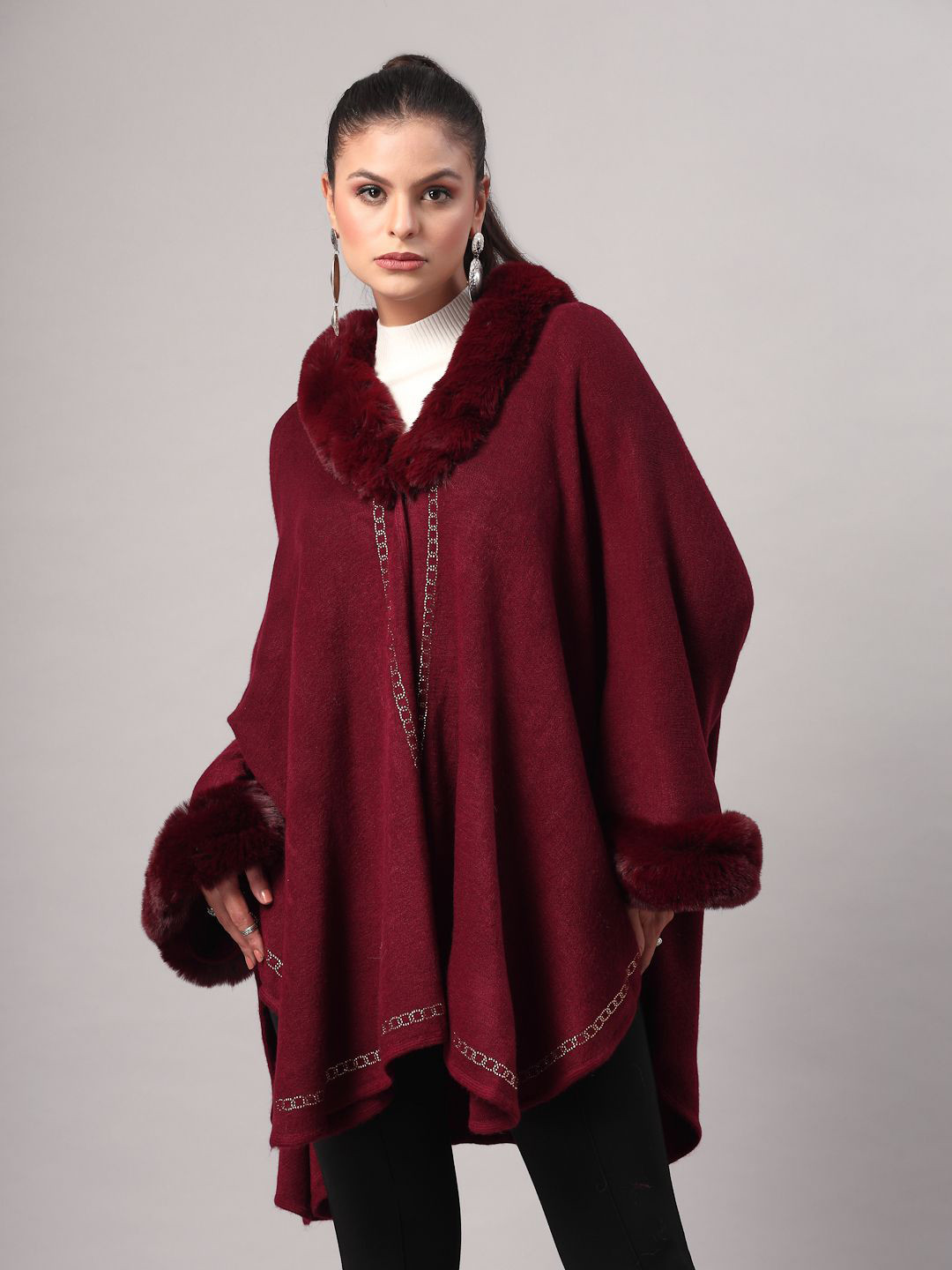 Mafadeny Stole Collar  Faux Fur & Chain-Trim Details Poncho