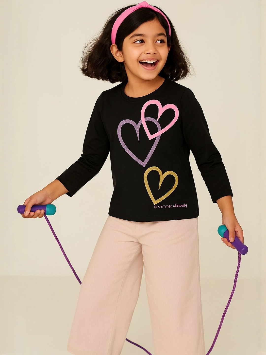 TALES & STORIES Girls Black Round Neck Full Sleeve Cotton T-shirt
