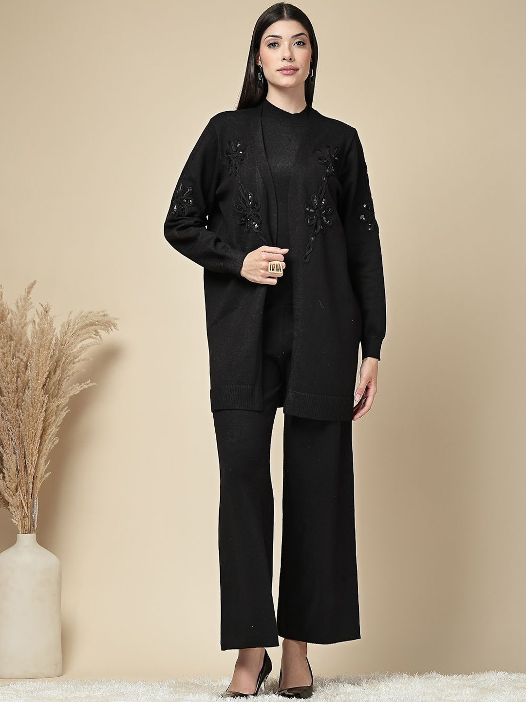Mafadeny Winter Ready Knit Round Neck Top With Trousers And Embellished Shrug