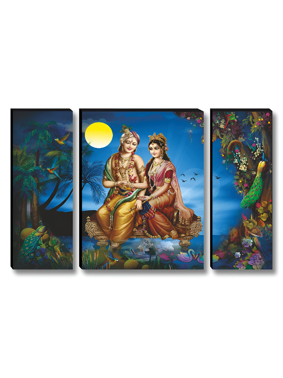 SAF Set Of 3 Blue & Green Radha Krishna Moonlit Pond Printed Wooden Wall Art