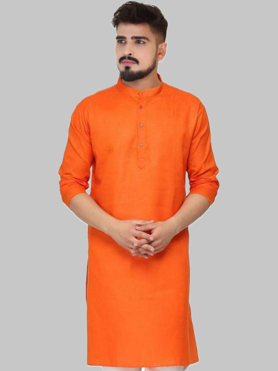 ANUJ FASHION Men Orange Solid Cotton Blended Knee Length Kurta
