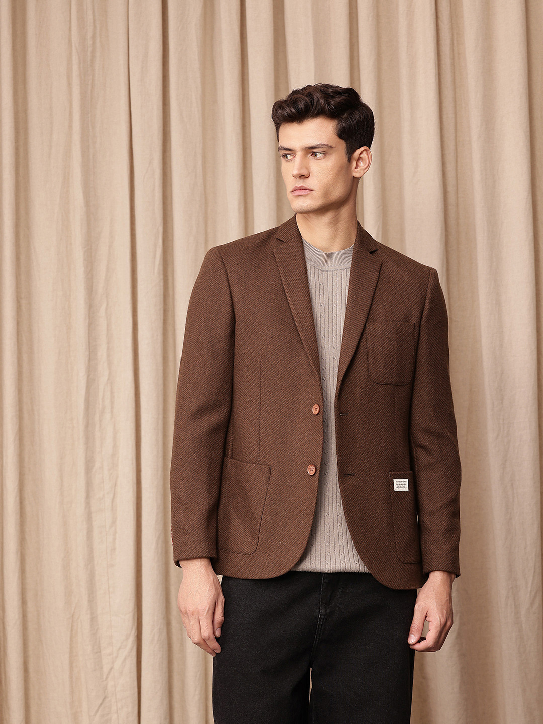 Mr. Bowerbird Tailored Fit Self Design Textured Notched Lapel Casual Blazer
