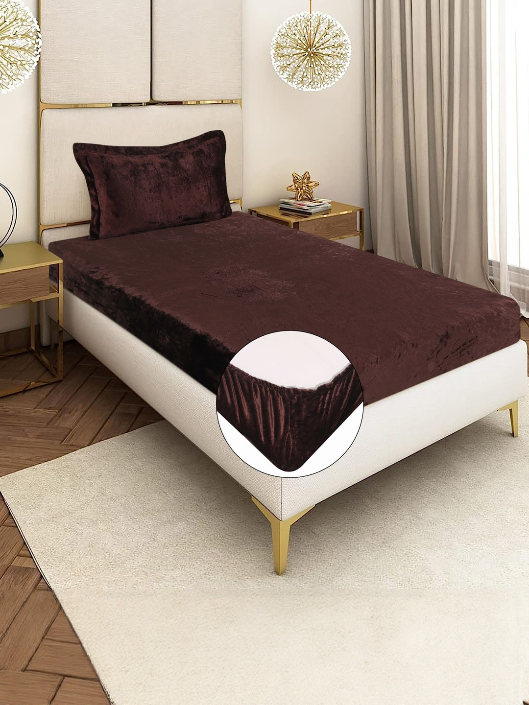 REALDREAM Brown 300 TC Velvet Fitted Single Superfine Bedsheet with 1 Pillow Covers