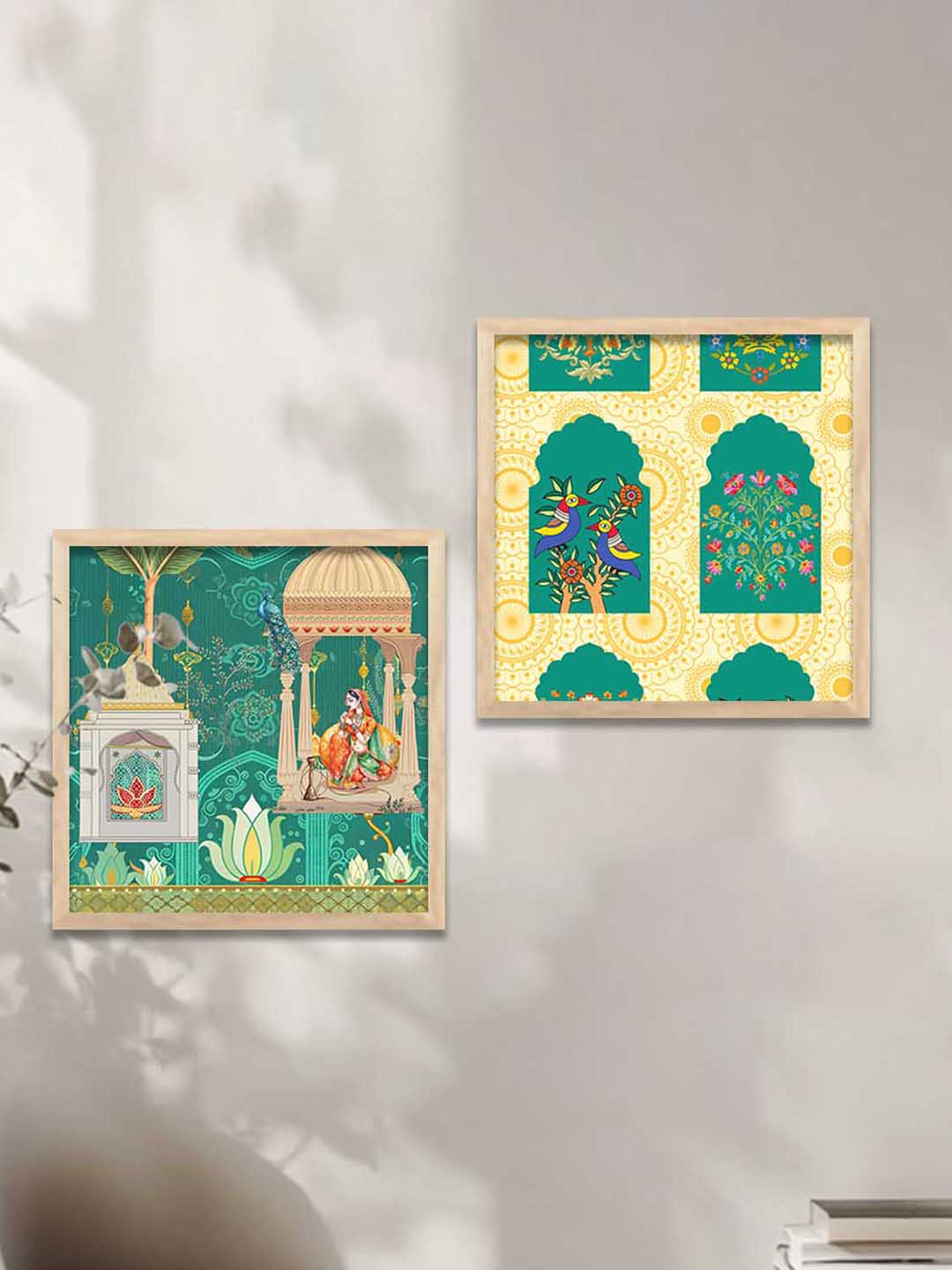 Kotart Green & Yellow 2 Pieces Pichwai Peacock Wooden Wall Arts