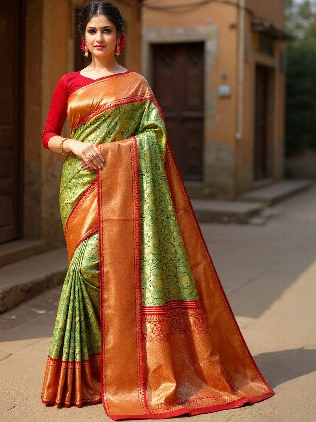 VILLE FASHION Women Green & Red Woven Design Zari Art Silk Kanjeevaram Saree