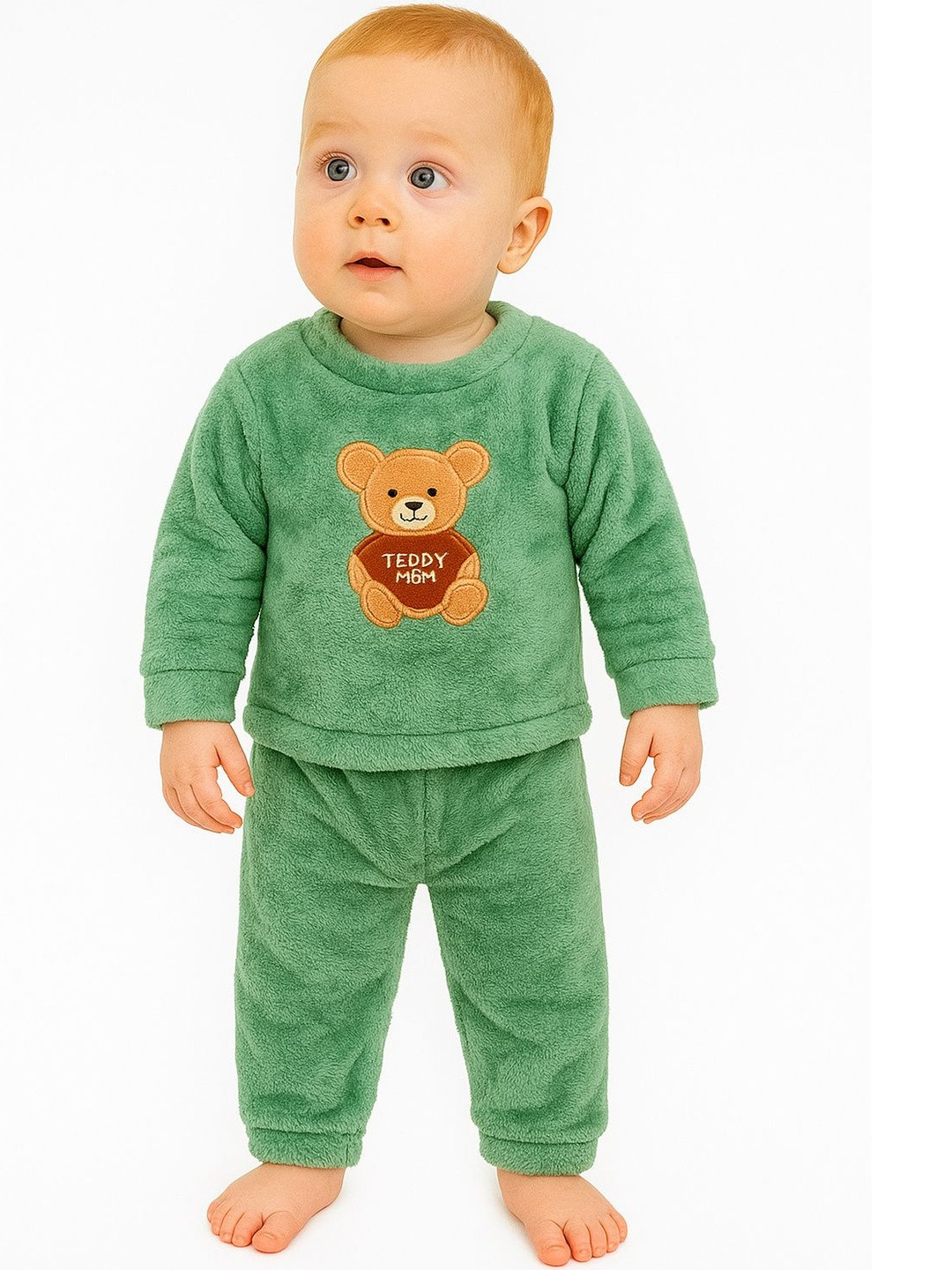 Fly Step Unisex Kids Green & Teddy Embellished Round Neck Cotton T-shirt & Pyjamas