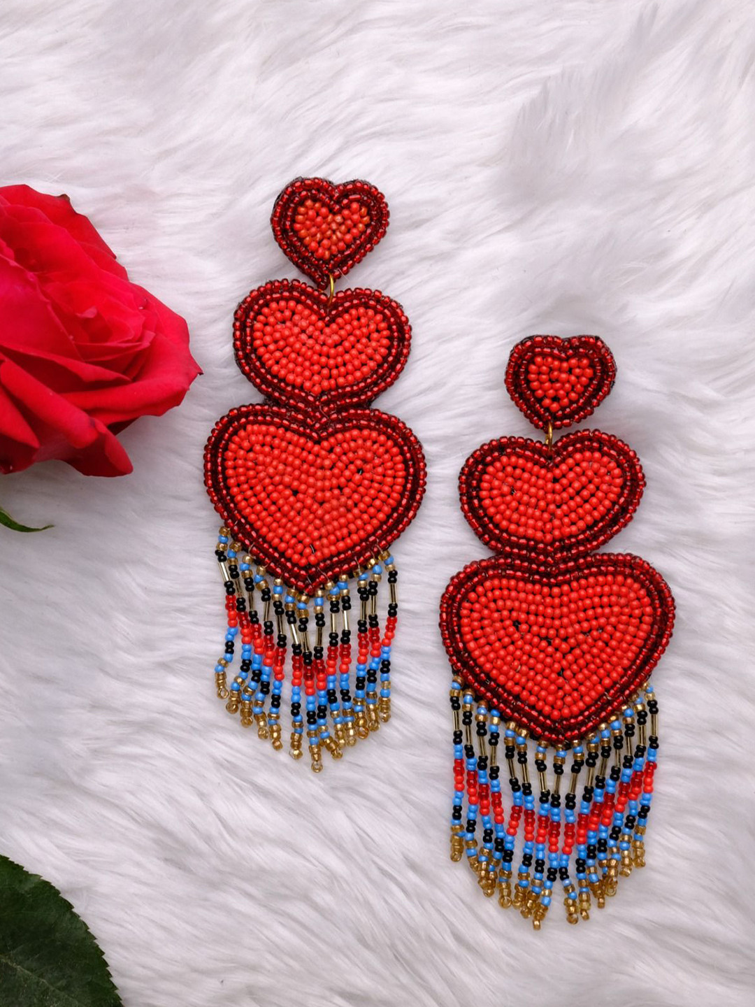 Abeo Artificial Beaded Heart Shaped Tasselled Drop Earrings