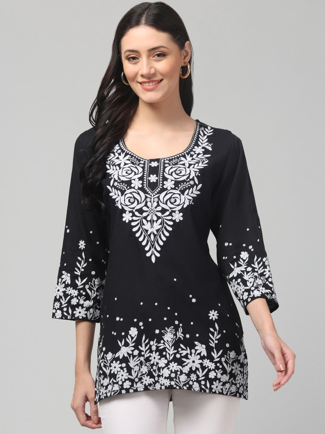 Aura Glam Women Pack of 2 Black & Mustard Floral Embroidered Short Kurtis