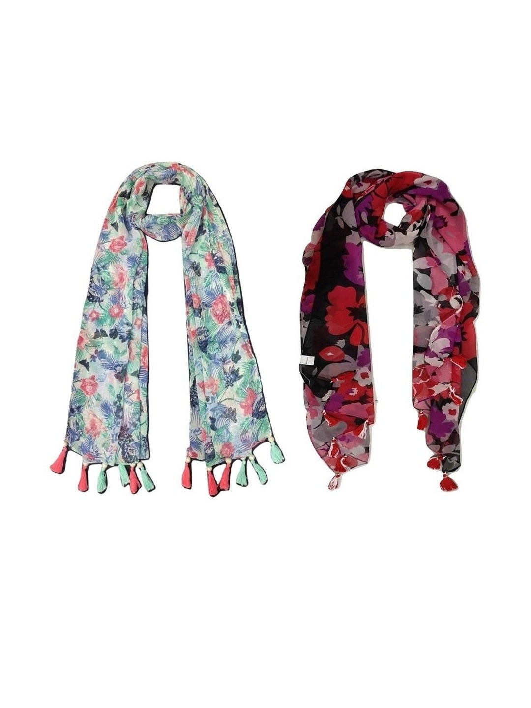 StoleVilla Pack Of 2 Floral Printed Tasseled Border Stoles