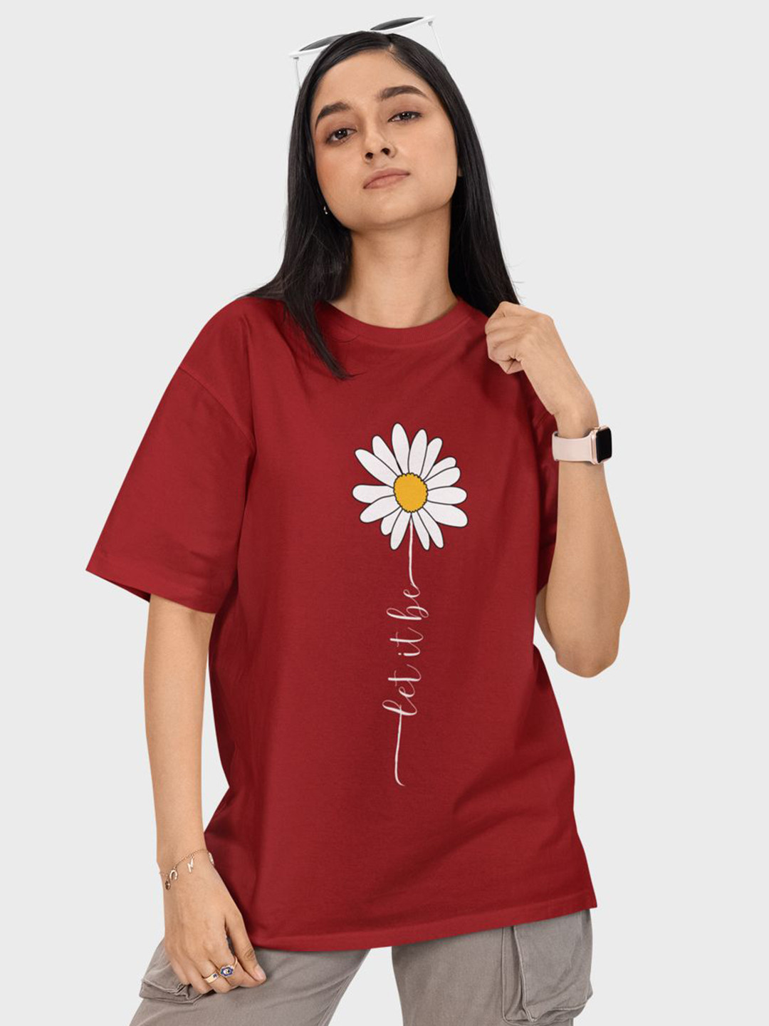 Reifica Women Floral Printed Round Neck Pure Cotton Oversized T-shirt