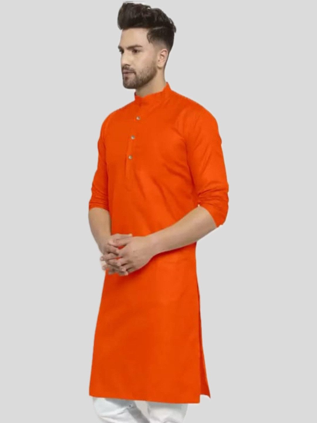 ANUJ FASHION Men Orange Mandarin Collar Straight Cotton Kurta