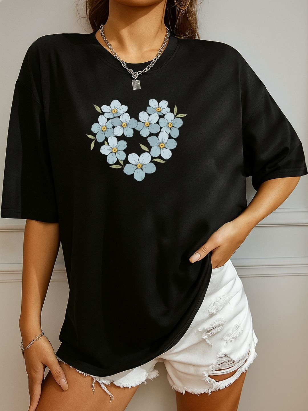 SZN Women Floral Printed Drop-Shoulder Sleeves T-shirt