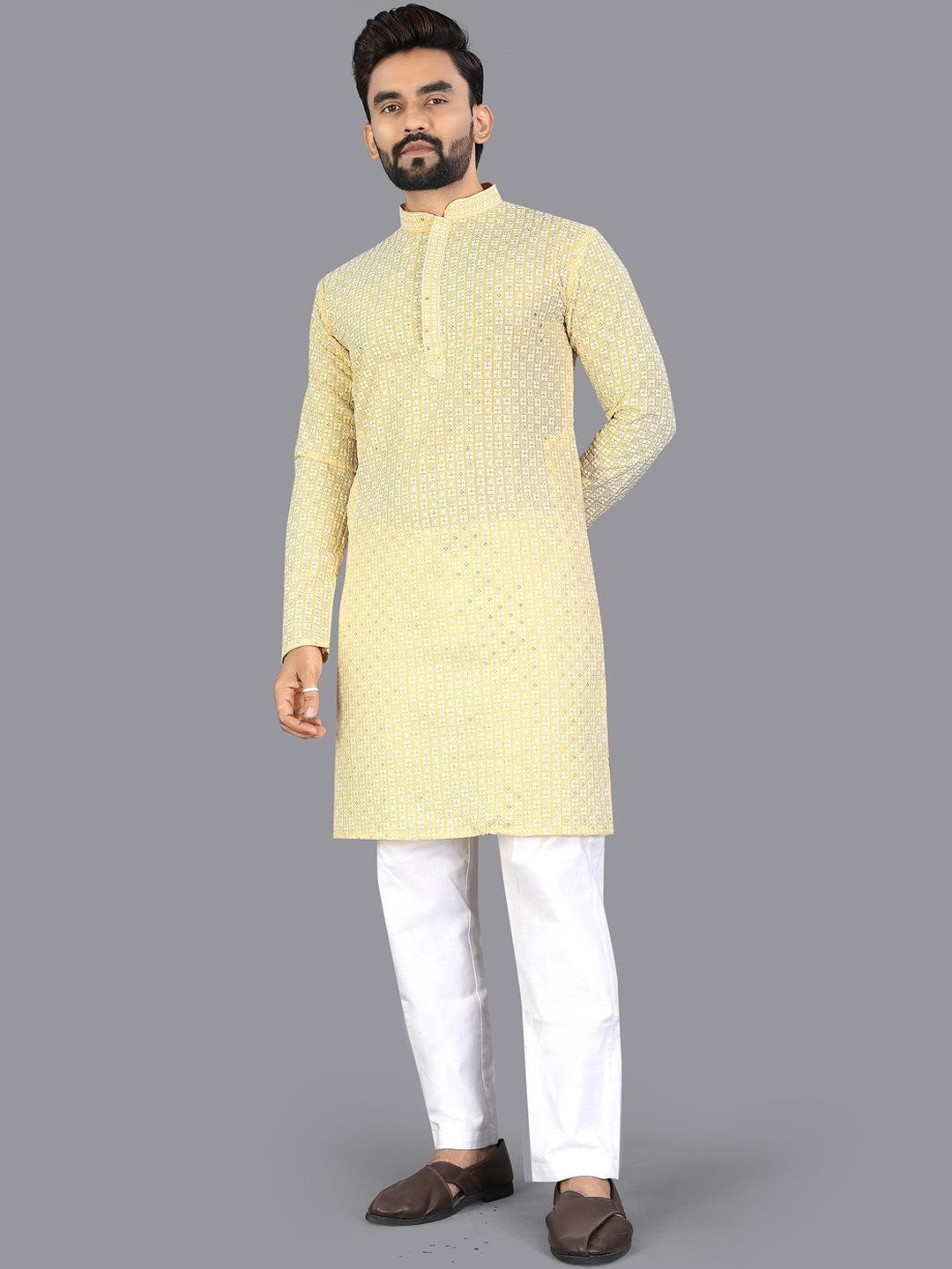 WELL TEX Men Yellow Solid Mandarin Collar Festive Ethnic Kurta