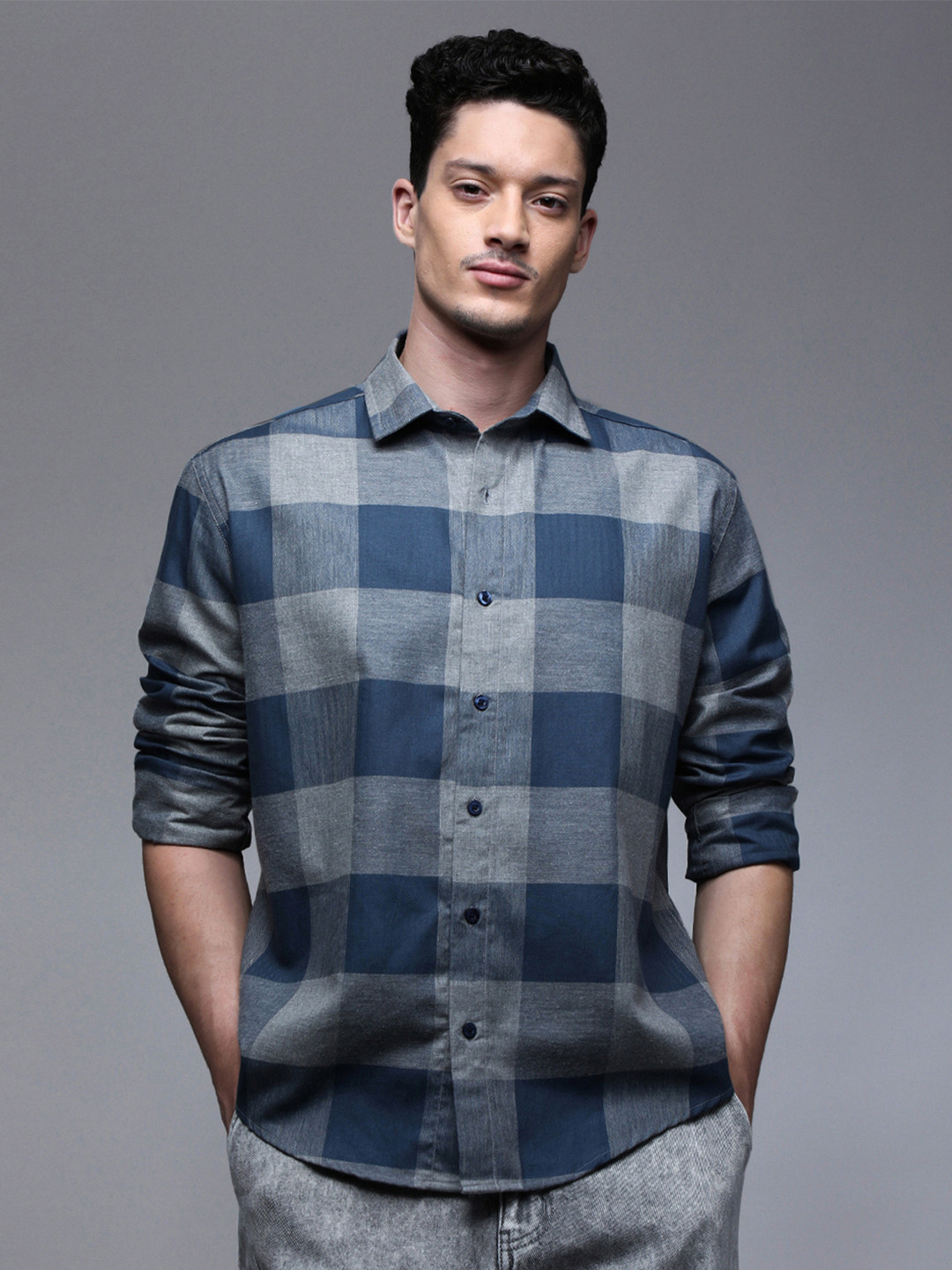 Paper Cut Oversized Checked Cotton Spread Collar Casual Shirt