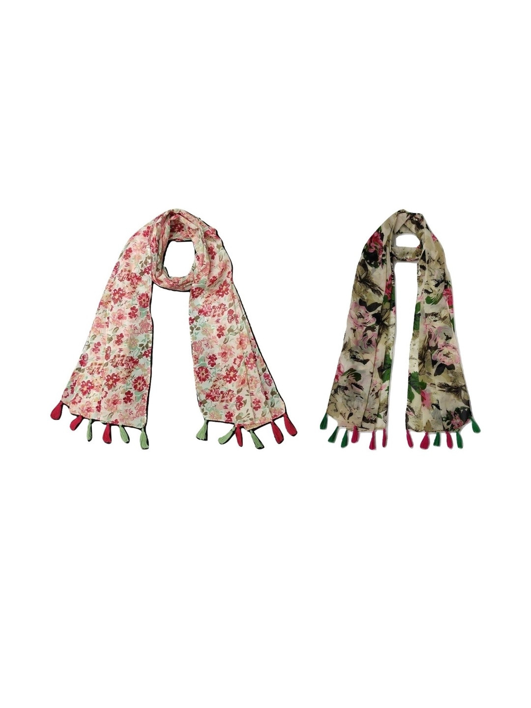 StoleVilla Pack Of 2 Floral Printed Tasseled Border Stoles