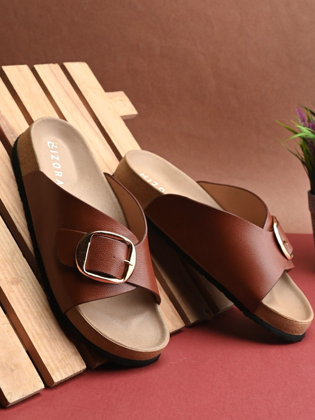 BIZORA Women Buckle Ornamented PU Slip-ons