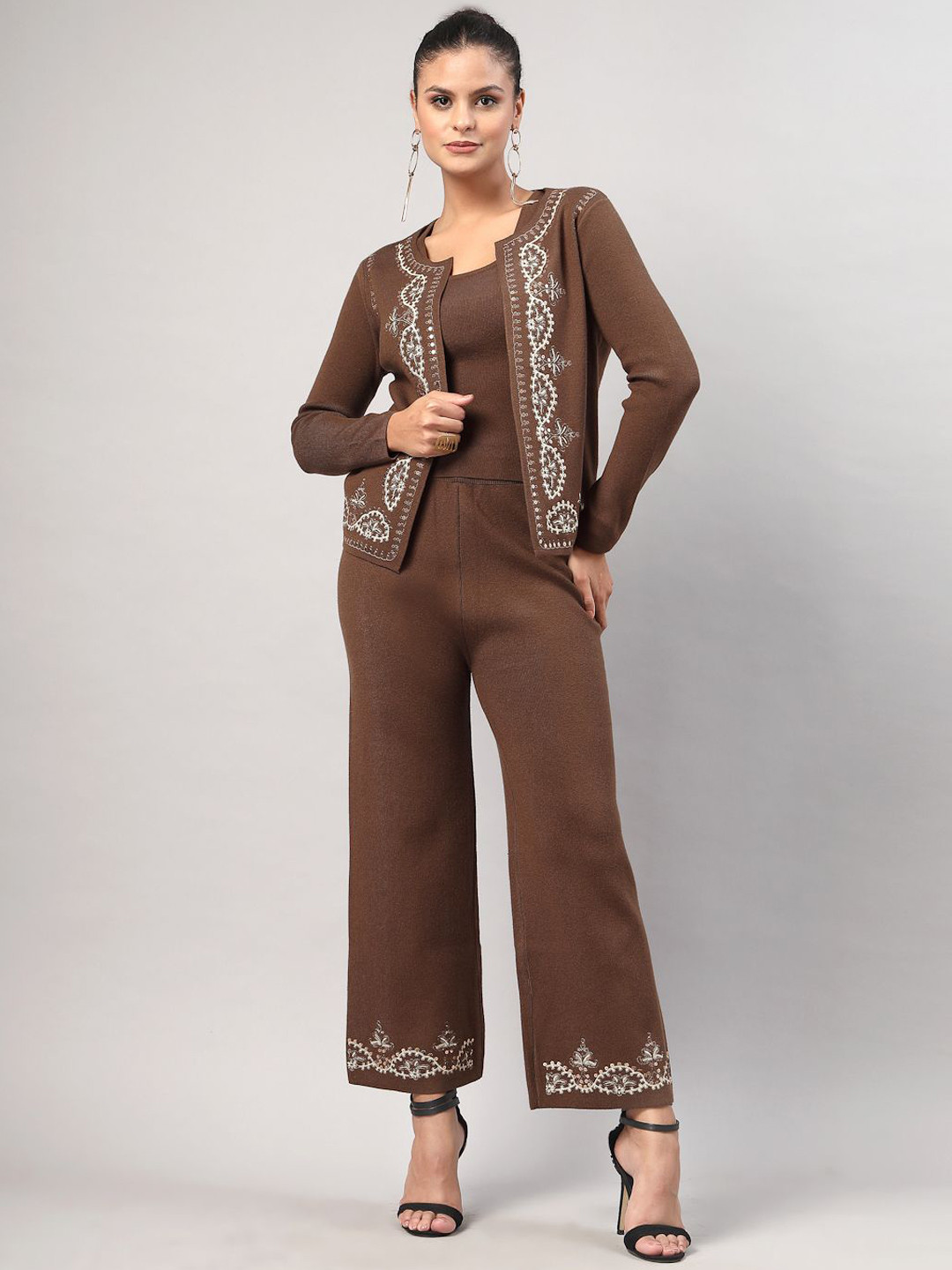 Mafadeny Embroidered Scoop Neck Top & Trousers With Jacket