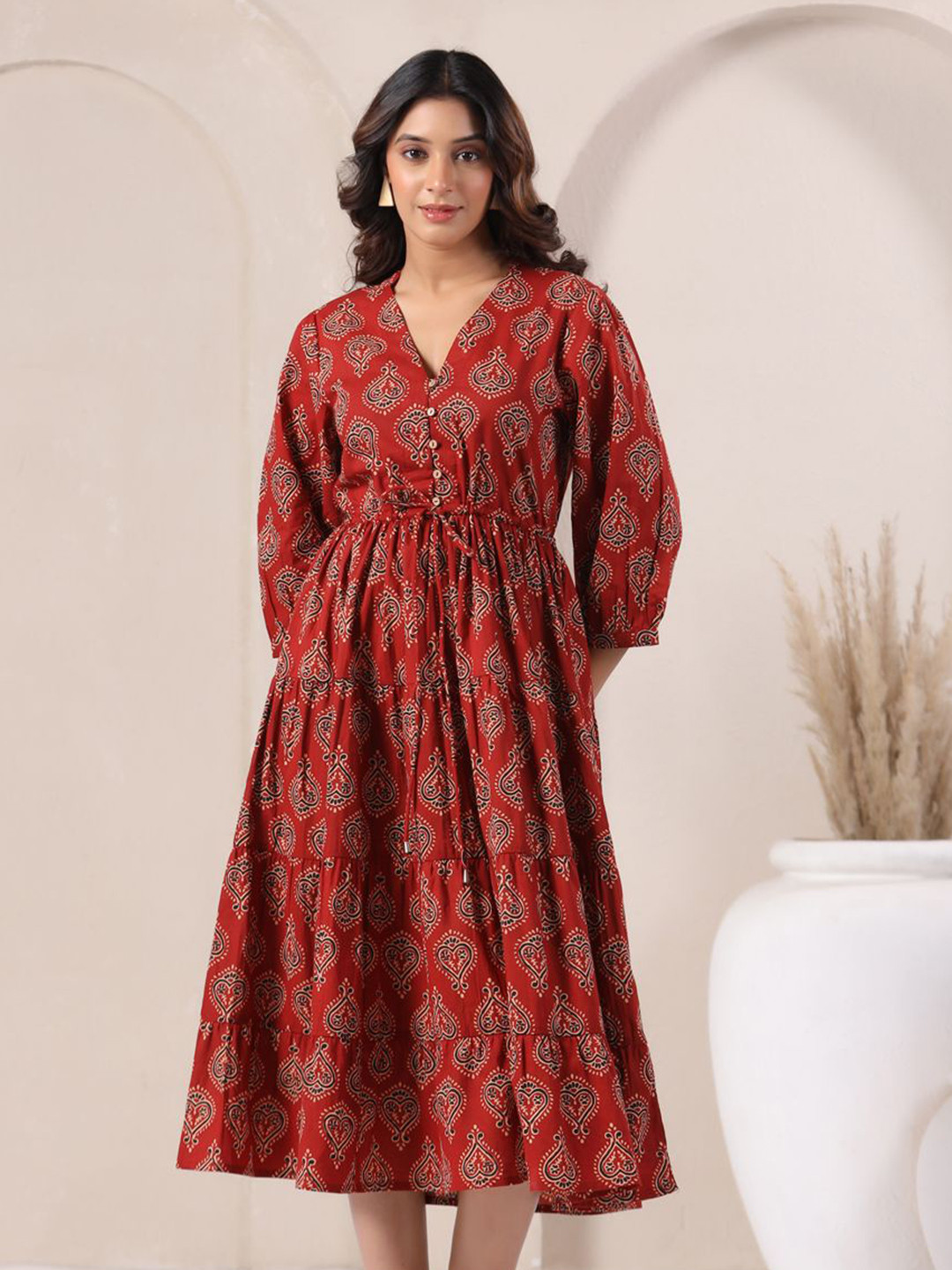 KALAMIR Ethnic Motifs Print Fit & Flare Midi Dress