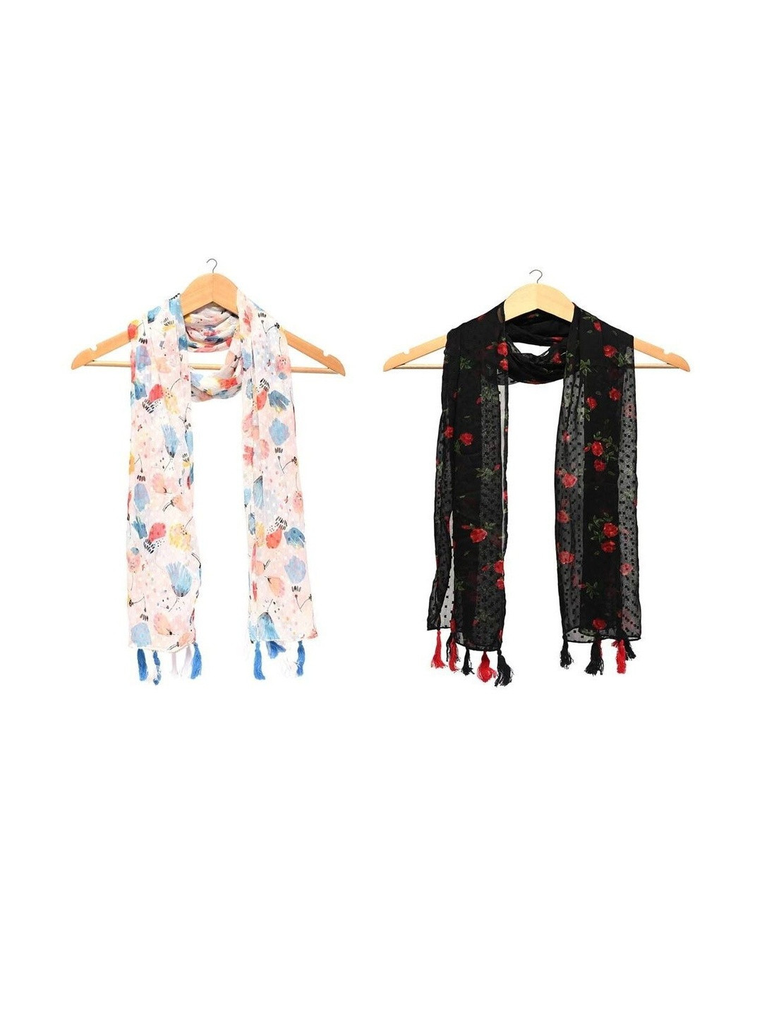 StoleVilla Pack Of 2 Floral Printed Tasseled Border Stoles