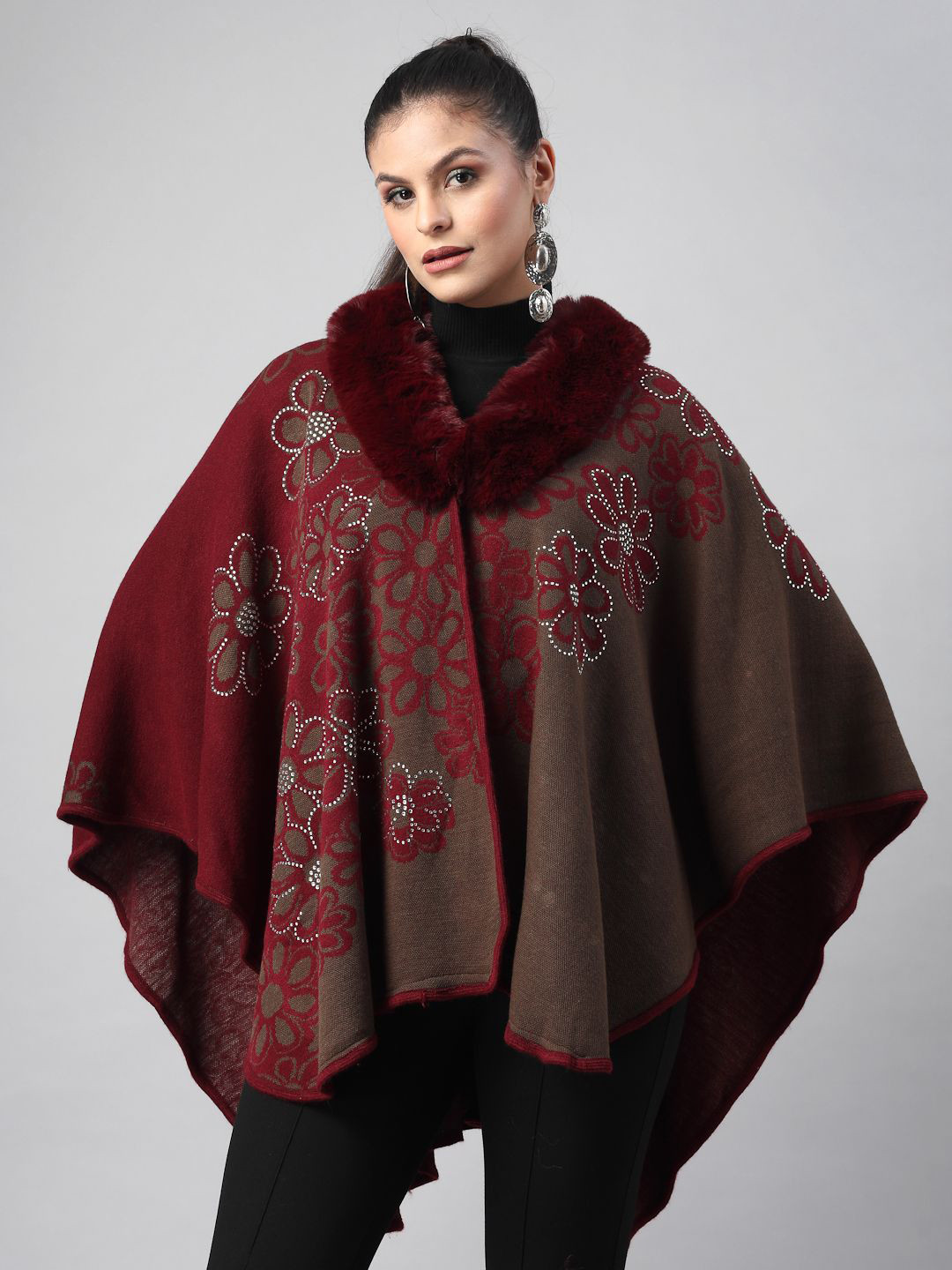 Mafadeny Stole Collar Floral Embroidered Faux Fur Trim Poncho