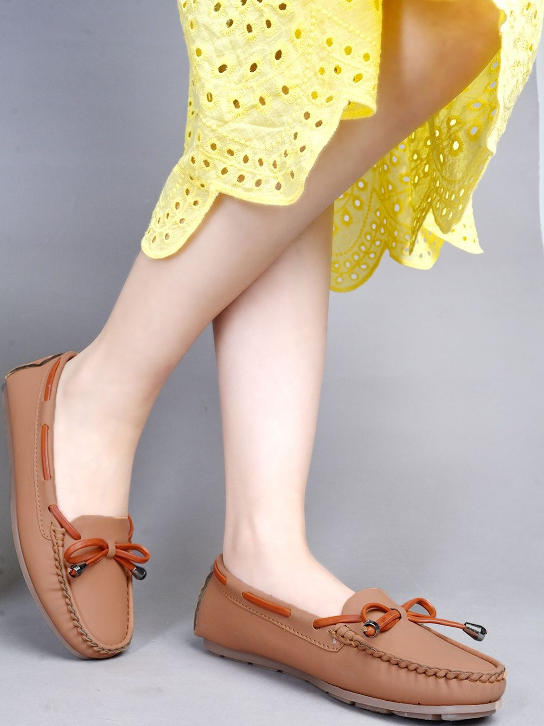 Shoetopia Women Tan Synthetic Pointed Toe Bow Flats