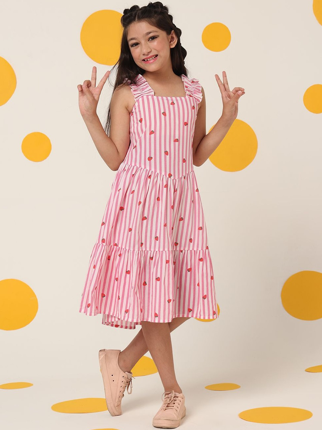 Cherry & Jerry Girls Pink Stripe Printed Two Tiered Knee Length A-line Dress