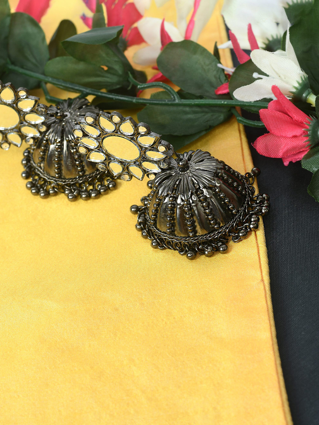 JOHARKAMAL Silver-Plated Dome Shaped Mirror Work Oxidised Jhumkas
