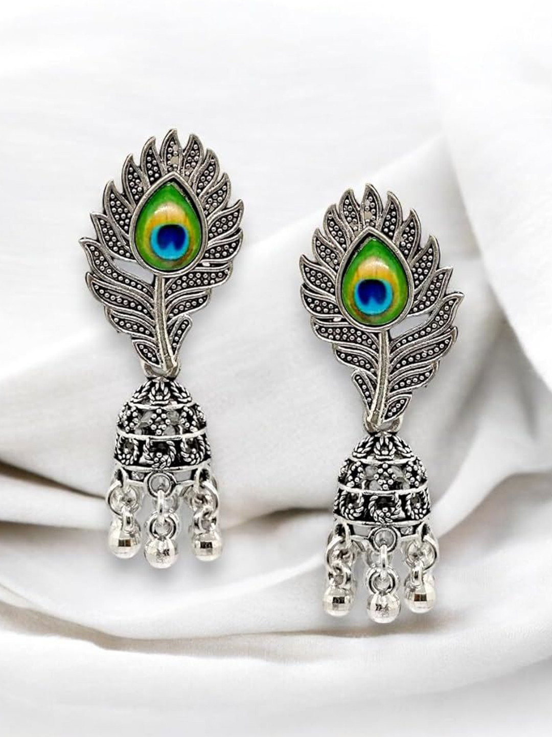 JMBW INTERNATIONAL Stainless Steel Silver-Plated Ghungroo Beaded Feather Oxidised Jhumkas