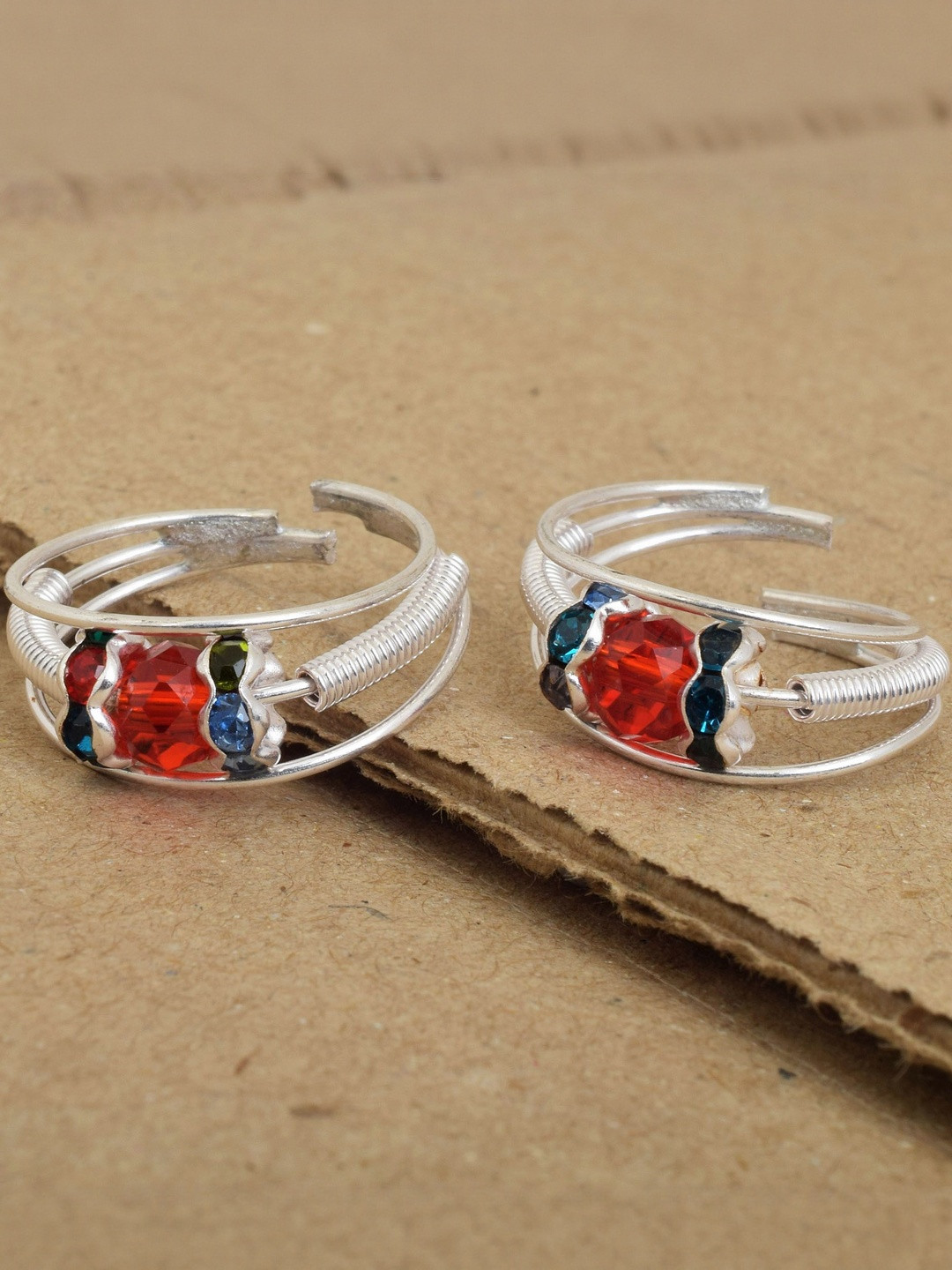 Missmister Women Brass Silver plated Red ball bead White CZ Ethnic Toe ring bichiya