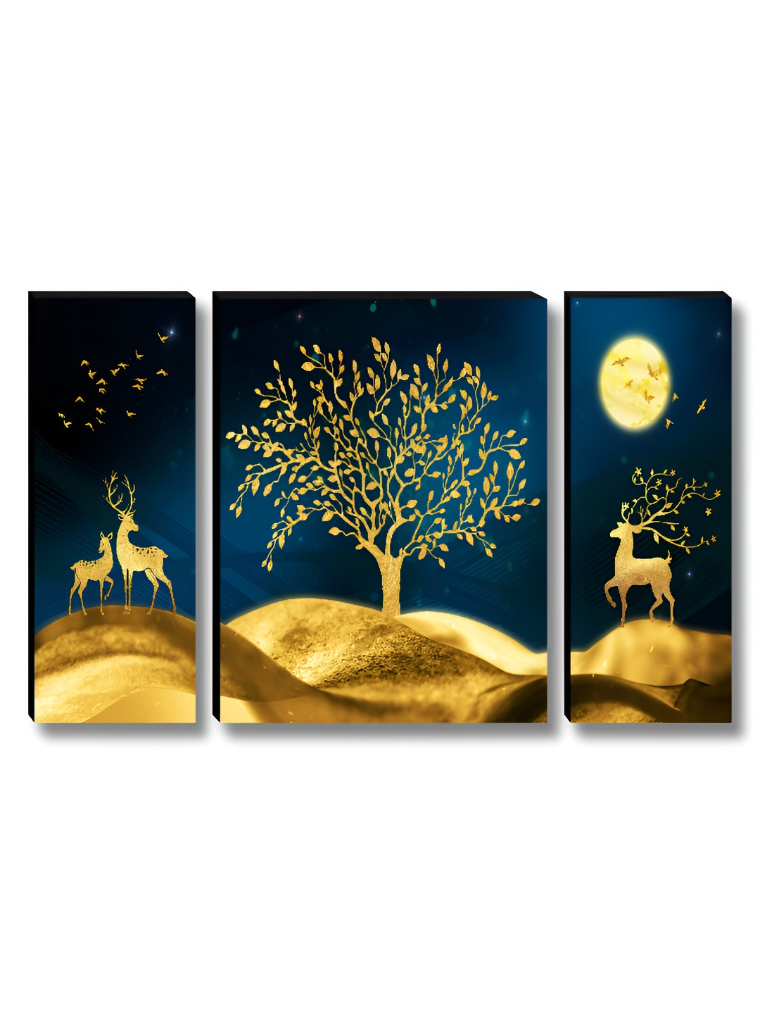 SAF Teal & Gold Toned 3 Pieces Deer & Tree Mystical Moonlight Nature Wall Arts
