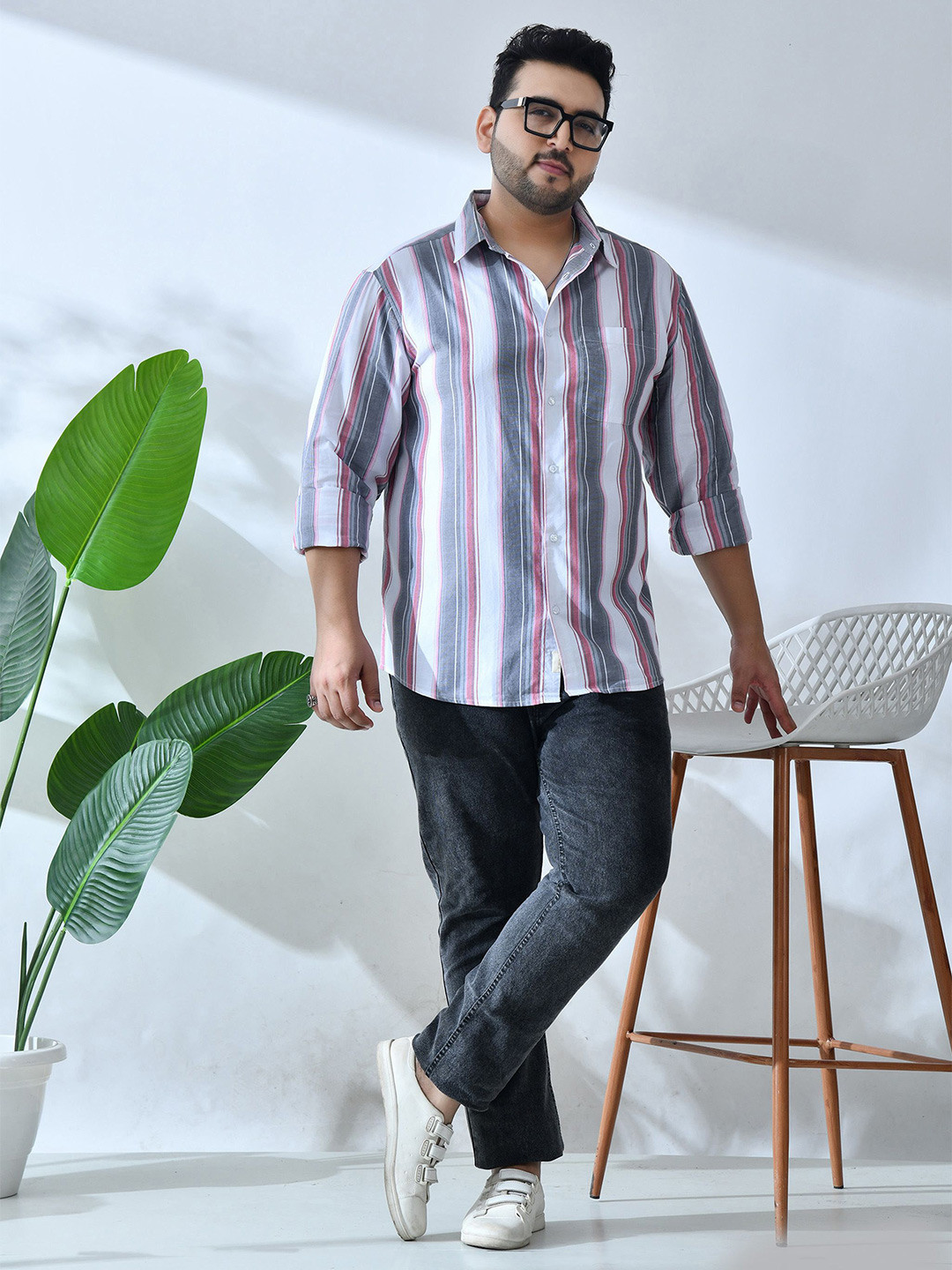 NEON CHILLIE Men Plus Size Vertical Striped Spread Collar Cotton Casual Shirt