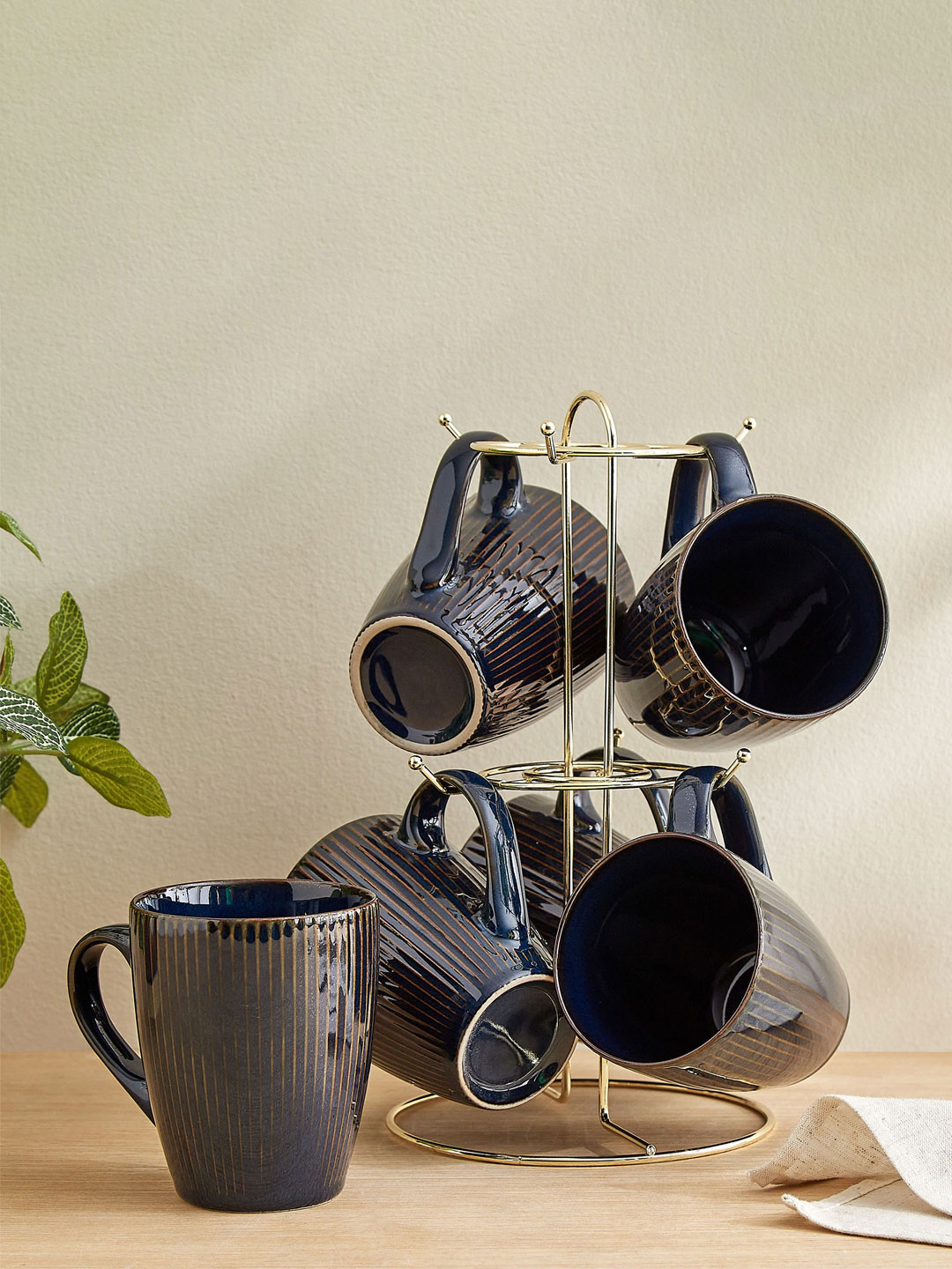 Home Centre Caraway Somber Blue 6 Pieces Textured Stoneware Mugs & Metal Stand-325mlEach