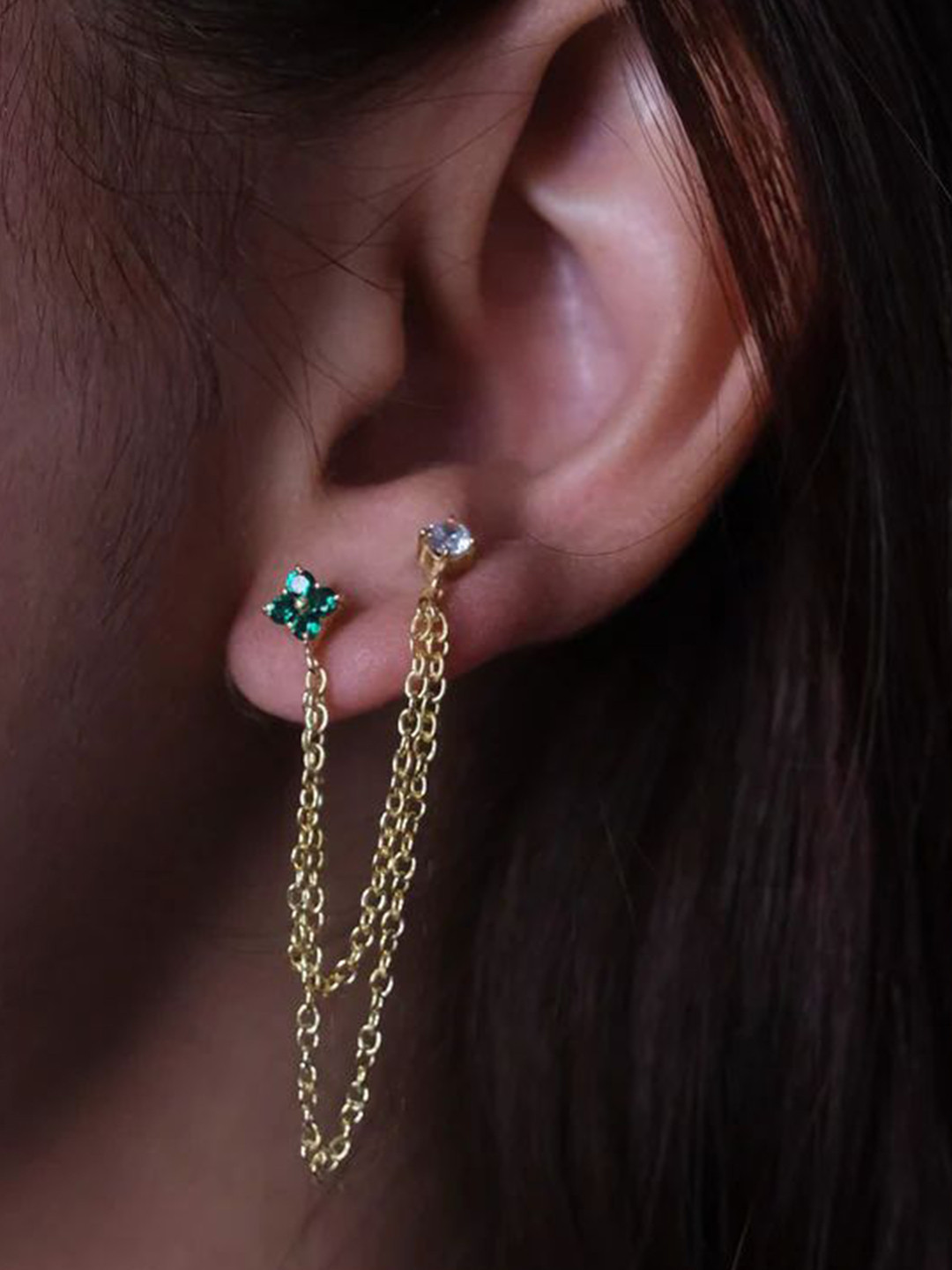 Anushka Jain Jewellery 925 Sterling Silver Emerald Diamond Duet Chain Drop Earrings