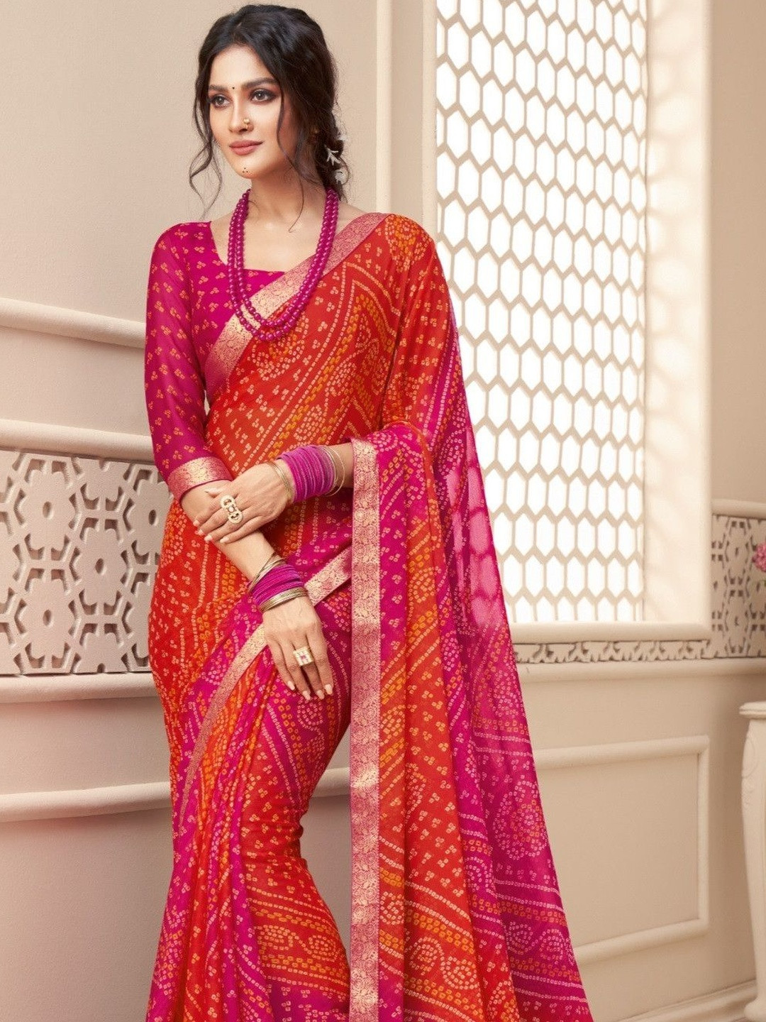 The Fashion Attire Tiaraa Geometric Print Bandhani Chiffon Saree (Pink)