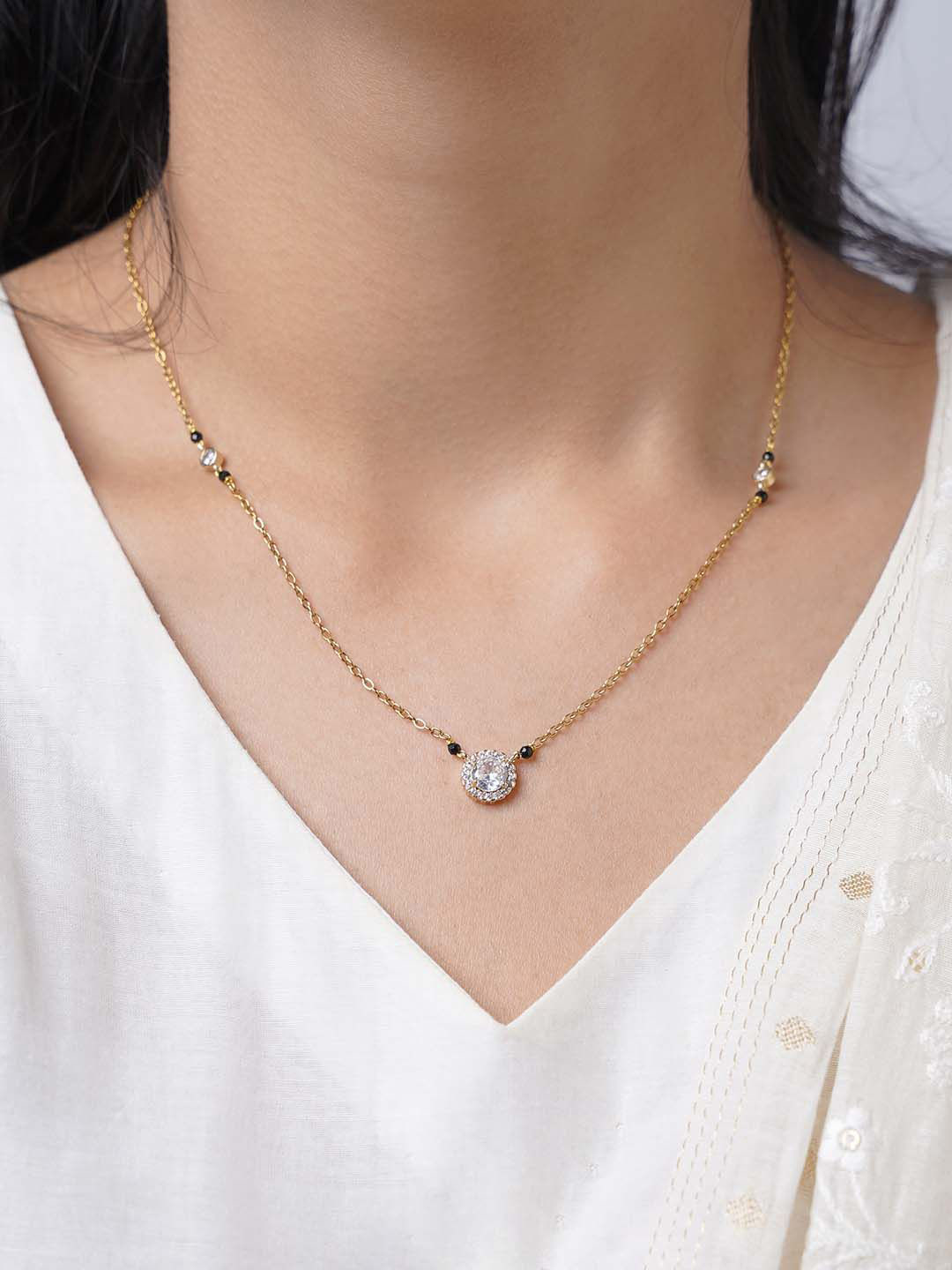 SWASHAA Nyra Gold-Plated Stainless Steel Solitaire Diamond Studded & Beaded Mangalsutra