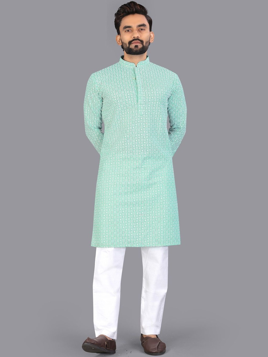 Leipzig Fashion Men Green Cotton Straight Kurta