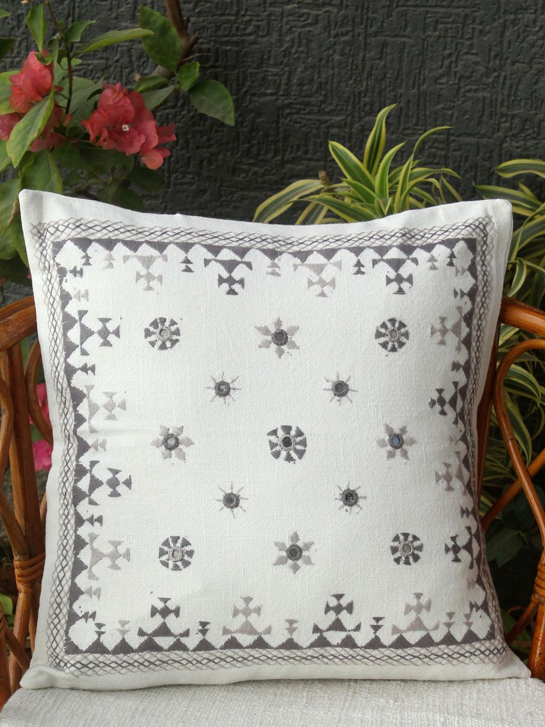 Weaves of Tradition Off White And Grey Ethnic Motifs Square Cotton Cushion Cover