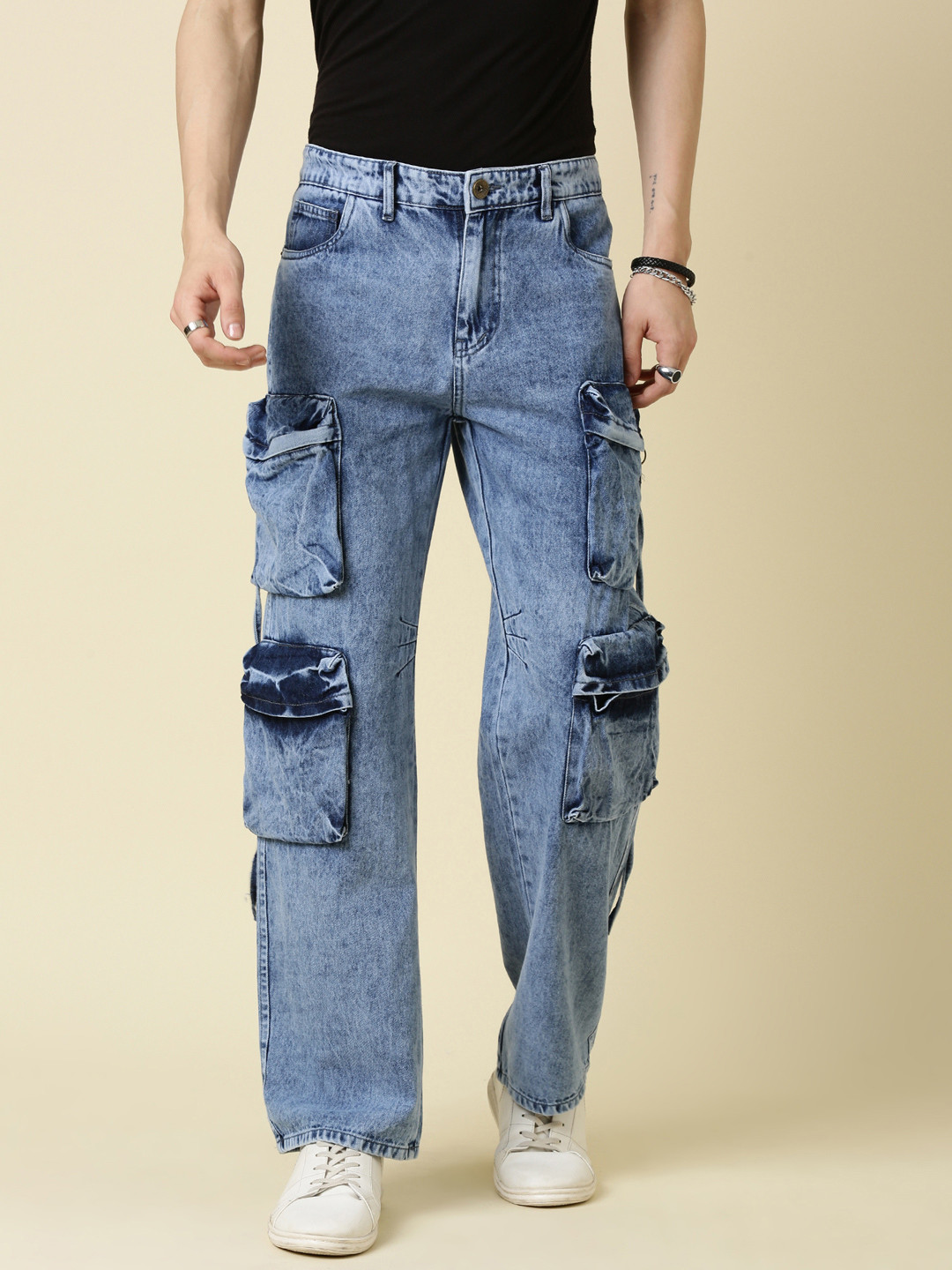 CINOCCI Men Blue Heavy-Wash Baggy Fit Cargo Jeans with Utility Pockets