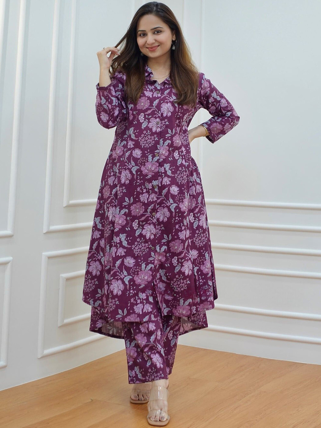 SOMAPAH Floral Printed Printed Shirt Collar A-Line Kurta With Trousers