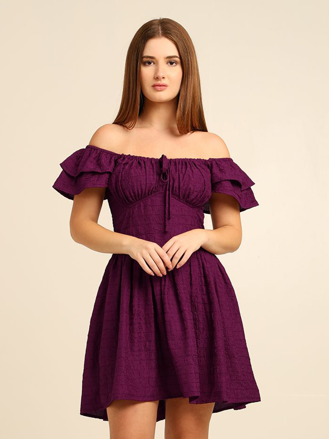 7OUNCE Women Off-Shoulder Flutter Sleeve Ruffled Fit & Flare Mini Dress